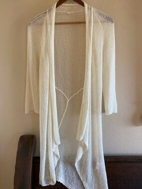 Eileen Fisher Cream Linen Blend Asymmetrical Mesh Kit Cardigan